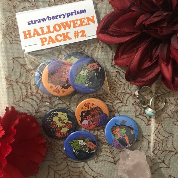 4 pack Retro style Halloween Monster Couples Button pins ( 37 mm )