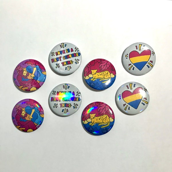 4 pack Holographic or Plain 80's inspired Pansexual Button pins ( 37 mm )