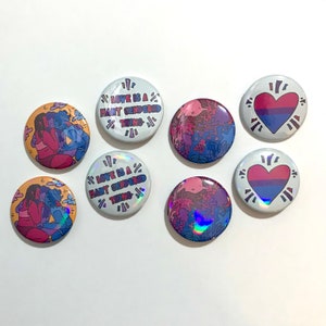 4 pack Holographic or Plain 80's inspired Bisexual Button pins ( 37 mm )
