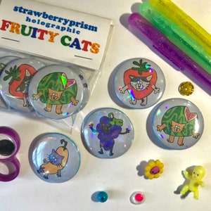 4 pack Holographic Fruity Cats Button pins ( 37 mm )