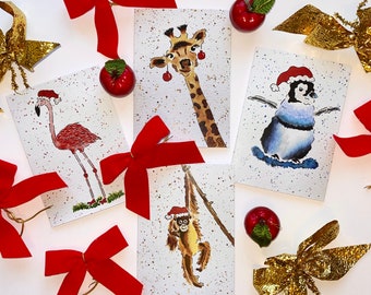 クリスマス カード 4 枚パック、面白い動物、クリスマス テーマ、ペンギン、オランウータン、キリン、フラミンゴ、クリスマス カード、ウェンディ ドゥーリンによるオリジナル絵画。