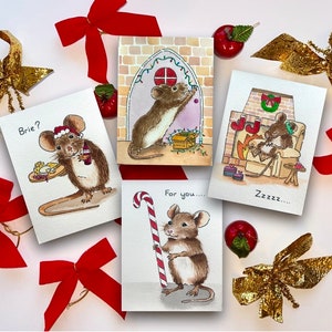Confezione da 4 biglietti di Natale, animali divertenti, tema natalizio, topi, acquerelli, fatti a mano, biglietti di Natale, dipinti originali di Wendy Doolin.