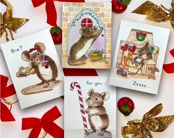 クリスマス カード 4 枚パック、面白い動物、クリスマス テーマ、マウス、ネズミ、水彩画、手作り、クリスマス カード、ウェンディ ドゥーリンによるオリジナル絵画。