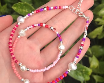 Colourful freshwater Pearl beaded necklace, pearl bead necklace, y2k necklace, summer jewellery, glass necklace colourful, best friend gifts