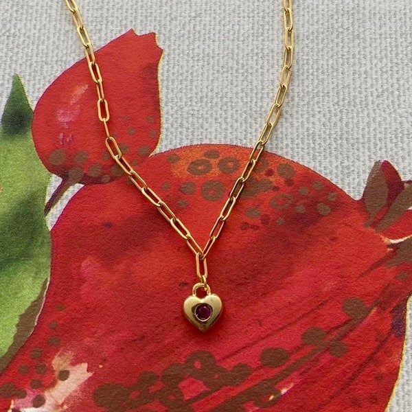 24k gold plated chain/heart necklace/heart chain/heart pendant/gold pendant necklace/red heart necklace/red stone/gold necklace