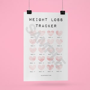 May include: A printable weight loss tracker with 20 pink watercolor hearts, each labeled with a week number. The text "WEIGHT LOSS TRACKER" is at the top of the page.