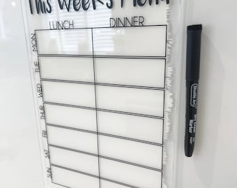 Planificateur de repas Menu du jour de cette semaine, affiche peinte au format A4 en acrylique transparent effaçable avec stylo effaçable à sec