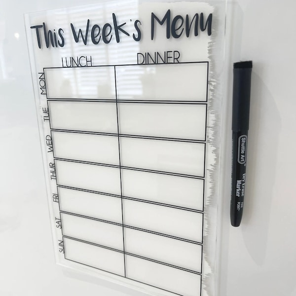 This Week's Daily Menu Food Planner Painted A4 Clear Acrylic Wipeable Sign With Drywipe Pen