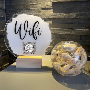 Wifi QR Code Scan Me Painted Acrylic Plaque Sign With Wooden Base