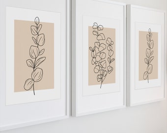 Juego de 3 o 1 lámina de arte lineal con eucalipto botánico neutro para decoración de pared - Arte de pared neutro - Láminas - Arte lineal - Decoración beige
