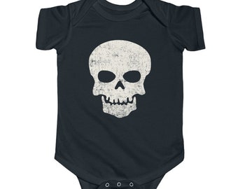 Black Skull Baby Clothes | Distressed Goth Baby Clothes | Cute Halloween Baby Clothes | Alternative Metal Punk One Piece Baby Bodysuit