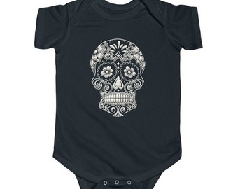 Sugar Skull Baby Bodysuits / Baby Sugar Skull Outfit / Baby Skull Clothes / Black Goth Baby Clothes / Dark Skull Tattoo Baby Sleepsuit
