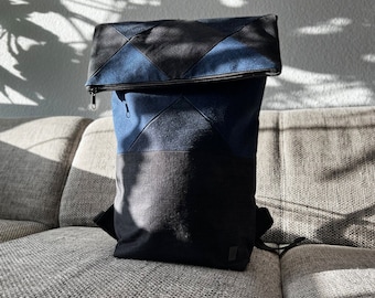 Upcycled Denim Rucksack RONJA, großer Jeansrucksack, bietet Platz für 15-Zoll Laptop, geometrisches Muster, in der Jeanskombi deiner Wahl