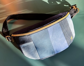 Riñonera grande JOY, bolso de cadera hecho de vaqueros reciclados, bolso azul único con compartimento interior adicional, bolso de mezclilla, hecho en Hamburgo