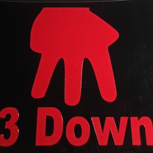 Peut inclure: Fond noir avec un symbole de main rouge et les mots "3 Down" en rouge. Le symbole de la main a trois doigts pointant vers le bas. Le texte est en gras, sans empattement.