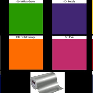 May include: A chart of Oracal vinyl colors, including glossy black, gloss white, yellow green, purple, pastel orange, pink, yellow, red, brilliant blue, and dark blue. The chart also includes a roll of Oracal silver vinyl.