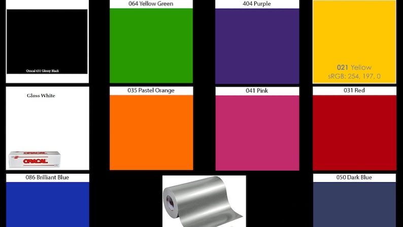 May include: A chart of Oracal vinyl colors, including glossy black, gloss white, yellow green, purple, pastel orange, pink, yellow, red, brilliant blue, and dark blue. The chart also includes a roll of Oracal silver vinyl.