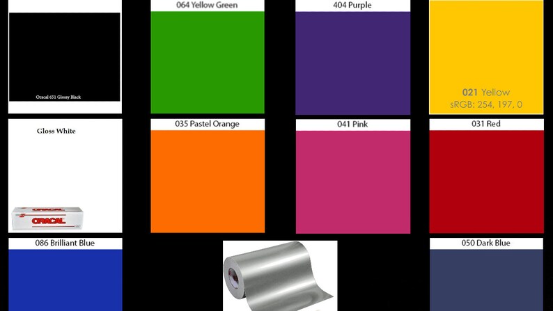 Peut inclure: Un nuancier pr&eacute;sentant diverses teintes, dont vert-jaune, violet, orange pastel, rose, jaune, rouge, bleu fonc&eacute; et bleu brillant. Le nuancier affiche &eacute;galement un rouleau de vinyle argent&eacute; et une bo&icirc;te de vinyle blanc brillant. Des &eacute;tiquettes de texte identifient chaque couleur.