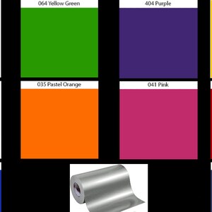 May include: A chart of Oracal vinyl colors, including glossy black, gloss white, yellow green, purple, pastel orange, pink, yellow, red, brilliant blue, and dark blue. The chart also includes a roll of Oracal silver vinyl.