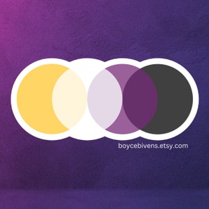 May include: A color palette featuring three overlapping circles. The left circle is yellow with a smaller white circle inside. The middle circle is light purple with a darker purple circle inside. The right circle is dark purple with a black circle inside. The text "boycebivens.etsy.com" is at the bottom of the image.