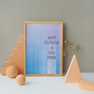 May include: A framed print with a watercolor background and the text "queer celebration is queer power" in black lettering.