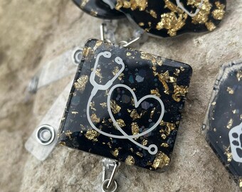 Nurse Badge Reel RN LPN Nurse Practitioner Doctor Medicine ID Holder Caregiver Black and Gold