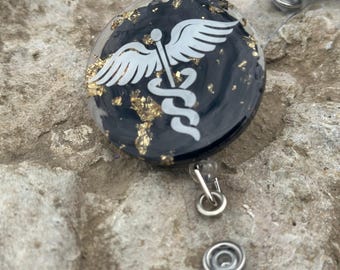 Nurse RN LPN Nurse Practitioner Doctor Medicine Badge Reel ID Holder Caregiver Black and Gold
