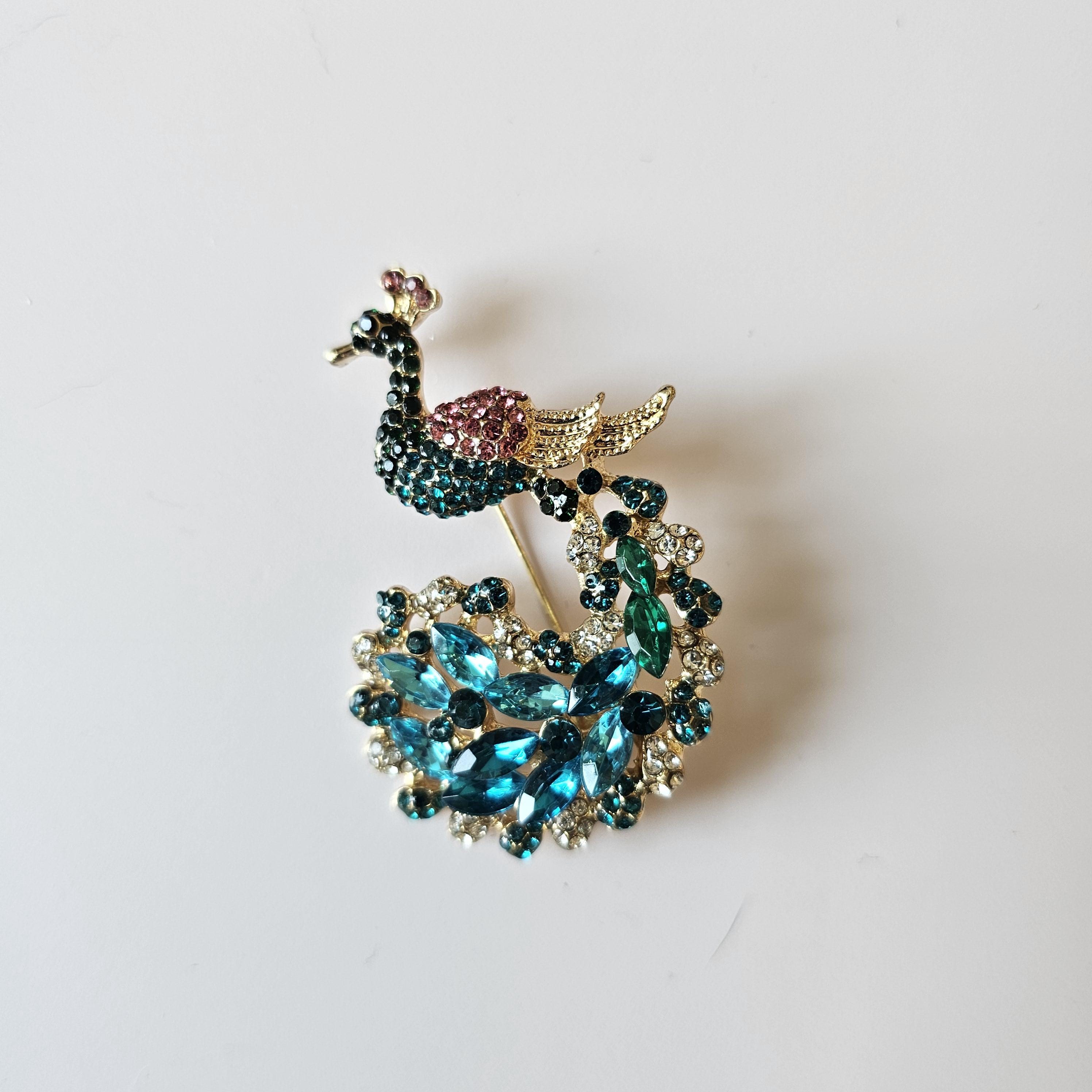 Teal Women’s Bow Tie Scarf with Gold Peacock Brooch Peacock Brooch - Etsy main image 2