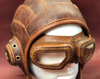 Handmade Leather Aviator Cap: Steampunk Victorian Costume, Adjustable Chin Strap