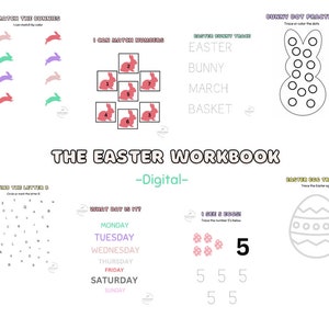 Puede incluir: Un libro de trabajo de Pascua imprimible para niños con actividades como hacer coincidir conejos por color, trazar letras y números y encontrar la letra G en una búsqueda de palabras. El libro de trabajo también incluye una página de práctica de puntos de conejo, una página de trazado de huevos de Pascua y una página para practicar el conteo de huevos.
