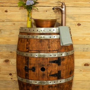 Rustic Half Wine Barrel Bathroom Sink Vanity with Hammered Fire Copper Pail Sink and Copper Waterfall Faucet