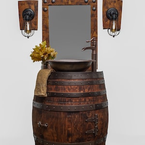 Rustic Half Wine Barrel Bathroom Sink Vanity with Hammered Copper Sink and Copper Waterfall Faucet