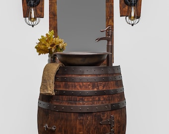 Rustic Half Wine Barrel Bathroom Sink Vanity with Hammered Copper Sink and Copper Waterfall Faucet