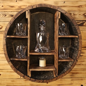Whiskey Barrel Decanter Set with Shelf, Decanter and 4 glasses