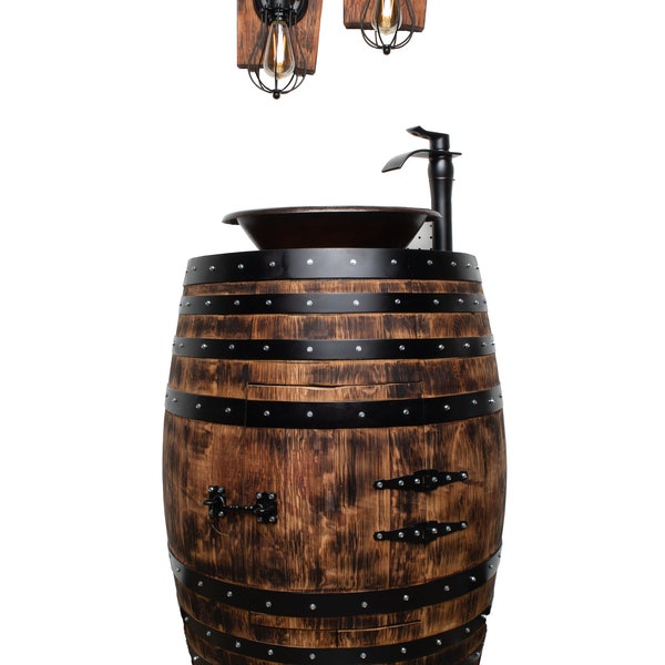 Rustic Half Wine Barrel Bathroom Sink Vanity with Hammered Copper Sink and Oil Rubbed Bronze Modern Faucet
