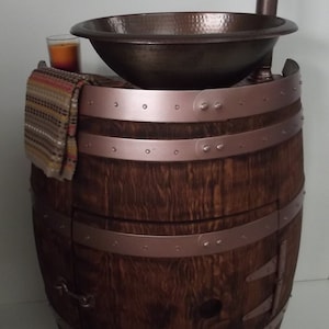 Rustic Half Wine Barrel Bathroom Sink Vanity with Hammered Copper Sink and Copper Waterfall Faucet