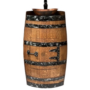 Rustic Medium Corner Wine Barrel Bathroom Sink Vanity with Hammered Copper Sink and Black Faucet