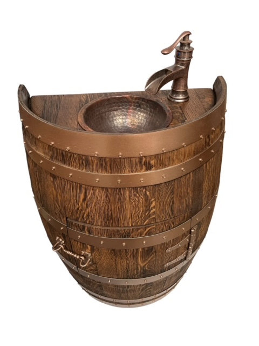 Rustic Half Wine Barrel Bathroom Sink Vanity With Round Hammered Copper