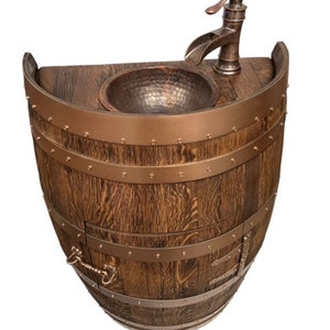 Rustic Half Wine Barrel Bathroom Sink Vanity with Round Hammered Copper Sink and Copper Waterfall Faucet