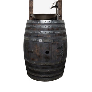 May include: A dark brown wooden barrel with metal bands and a small door. The barrel is used as a bathroom vanity with a stainless steel sink on top.