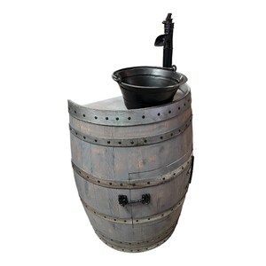 Rustic Half Wine Barrel Bathroom Sink Vanity with Hammered Pail Sink and Black Waterfall Faucet