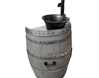 Rustic Half Wine Barrel Bathroom Sink Vanity with Hammered Pail Sink and Black Waterfall Faucet
