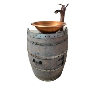 Rustic Half Wine Barrel Bathroom Sink Vanity with Hammered Vessel Sink and Copper Waterfall Faucet