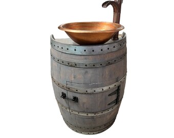 Rustic Half Wine Barrel Bathroom Sink Vanity with Hammered Vessel Sink and Copper Waterfall Faucet