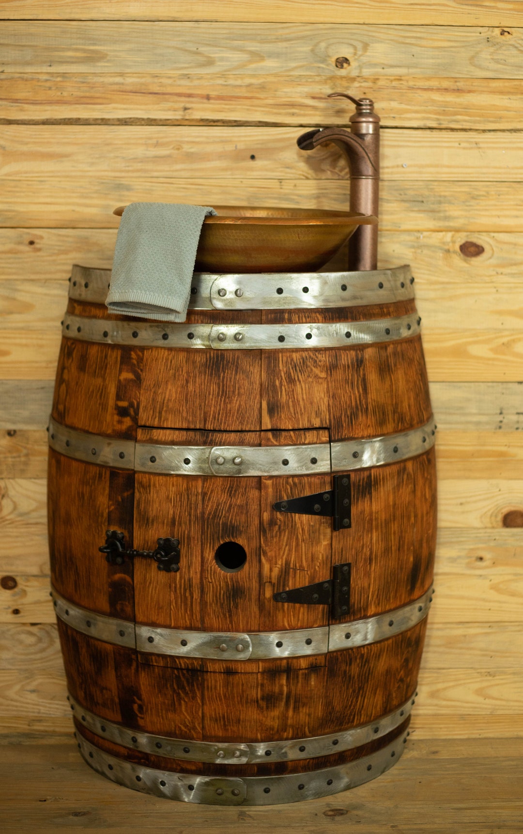 Rustic Half Wine Barrel Bathroom Sink Vanity With Hammered Fire Copper