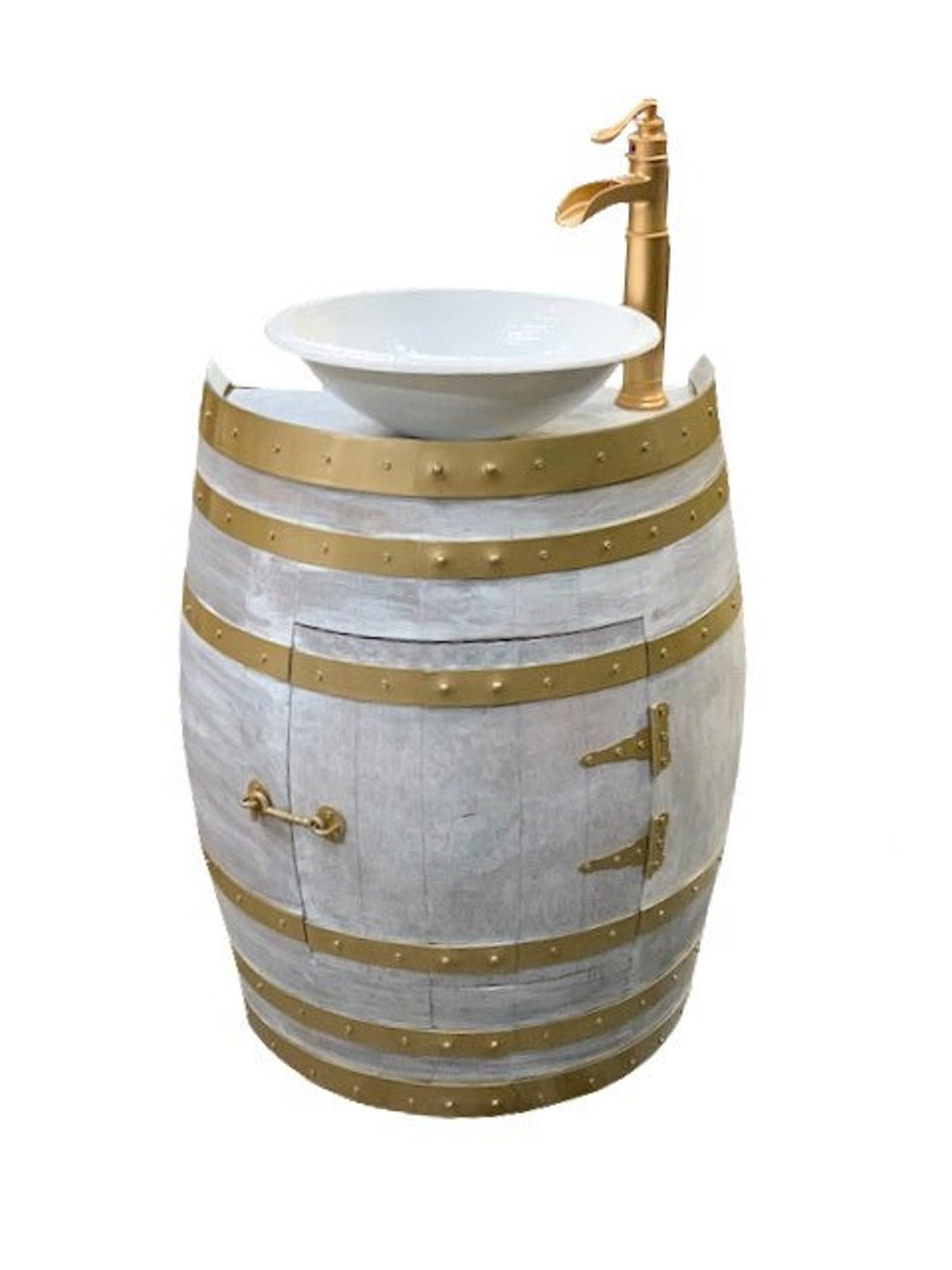 Elegant Half Wine Barrel Bathroom Sink Vanity With Hammered White Sink