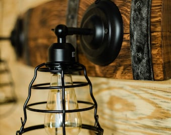 Twin Vanity Edison Cage Pendant Lights on Wine Barrel Staves