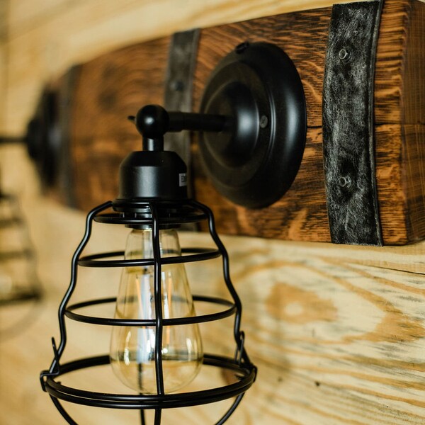 Twin Vanity Edison Cage Pendant Lights on Wine Barrel Staves