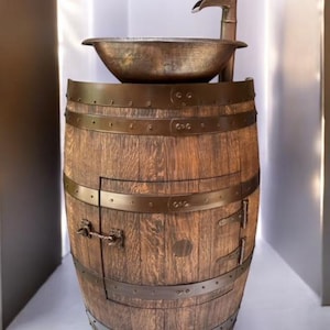 Rustic Half Wine Barrel Bathroom Sink Vanity with Hammered Copper Sink and Copper Waterfall Faucet