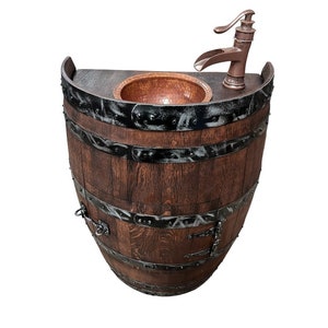 Rustic Half Wine Barrel Bathroom Sink Vanity with Round Hammered Copper Sink and Copper Waterfall Faucet